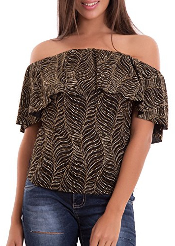 Toocool Maglia Donna Maglietta Brillantini Scollo Carmen Gitana Party Sexy Nuova CJ-1853 [Taglia Unica,Nero/Oro]