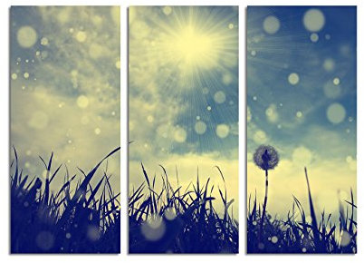 Paul Sinus Art 130x90cm – Keilrahmenbild Pusteblume Sonnenstrahlen Vintage blau-grau 3teiliges Wandbild auf Leinwand und Keilrahmen - Fotobild Kunstdruck Artprint