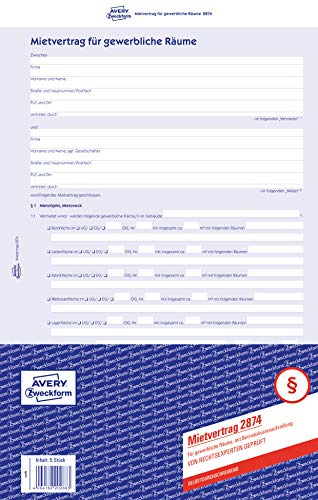 AVERY Zweckform 2874 Mietvertrag für gewerbliche Räume (Vertrag mit Vereinbarung über Mietzweck, Konkurrenzschutz und Werbemaßnahmen, 6-seitiges Formular in A4, selbstdurchschreibend) 5 Stück blau