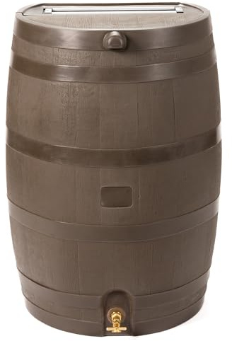 RTS Home Accents 50-Gallon Rain Barrel with Brass Spigot, Flat Back Rain Water Collection Barrel, Walnut Color