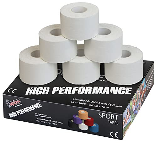 ALPIDEX 6 Rollen Sport Tape Set 3,8 cm x 10 m Tapeverband Weiß Reißbares Gelenk Tape Unelastisches Sporttape Hautfreundlich Handball Fußball Volleyball