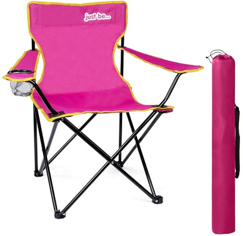 just be... Camping Chair – Lightweight, Foldable & Portable Outdoor Seat with Armrests, Cup Holder & Carry Bag | For Adults & Kids | Garden, Beach, BBQ & Fishing – Dark Pink with Yellow Trim