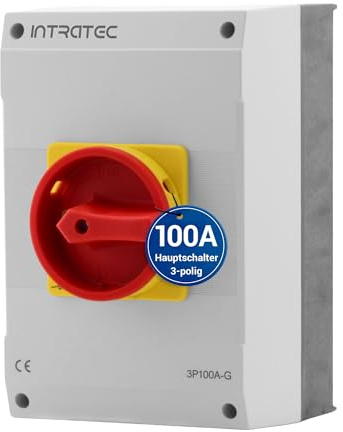 Intratec Hauptschalter 100A, 3-polig – IP65 Lasttrennschalter mit Kunststoffgehäuse – Aufputz-Schalter ideal für Industrie – Drehschalter für sichere Abschaltung – Robuster Maschinenschalter 230V 400V