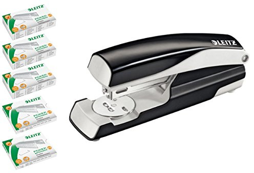 Leitz 55020095 Büroheftgerät NeXXt Series, Metall, 30 Blatt, inclusive 5 Päckchen Heftklammen mit je 1.000 Stück (schwarz, mit Heftklammern)