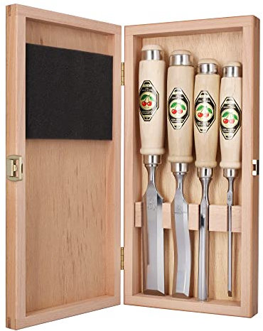 KIRSCHEN Werkzeuge 1190000 | 4-teiliger gemischter Beitelsatz mit Weißbuchenheft im Holzkasten bestehend aus 4+12+20+26mm