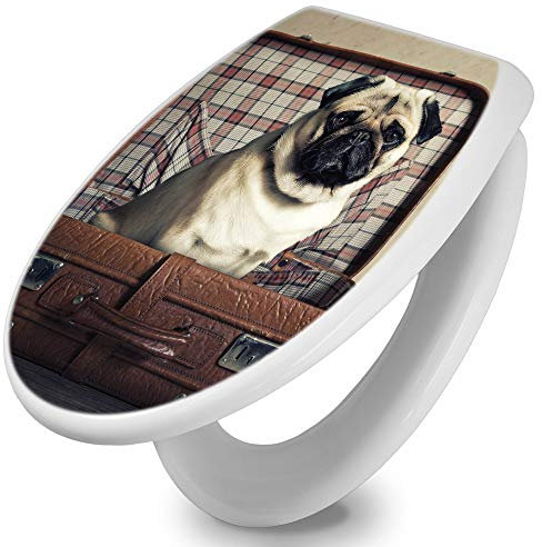 banjado Toilettendeckel mit Absenkautomatik 44,5x37cm / WC Brille Soft Close/hygienischer Toilettendeckel/Klodeckel Duroplast Edelstahl Scharniere einfache Montage/Motiv Mops im Koffer