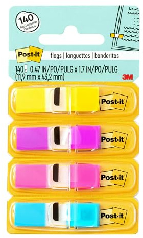 Post-it index flaggor smal, förpackning med 4 dispenser, 35 ark per dispenser, 11, 9 mm x 43, 2 mm, gul, lila, rosa, blå – för markering, markering eller färgkodning av viktig information