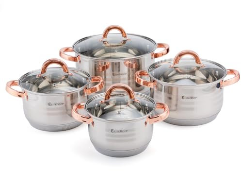 EliteHoff Ensemble de casseroles à induction, 7 couches en acier inoxydable, set de casseroles avec couvercles, poignées en or rose, pour tous les types de cuisinières (8 pièces)