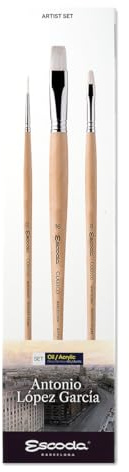 ESCODA Set Oil Acrylic Brushes - N.2 Round Pointed and N.8,16 Bright Hog Bristle Hair Set #2 Antonio López Clasico Series Professional Artists Handmade in Barcelona.