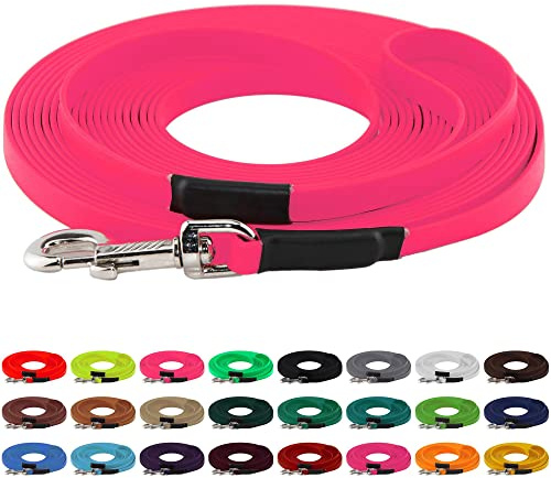 LENNIE BioThane Schleppleine, 13mm, Hunde 15-25kg, 10m lang, mit Handschlaufe, Neon-Pink, genäht