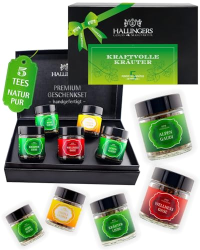 Hallingers Genuss Manufaktur Tee Geschenk-Set - 5 Sorten premium loser Tee Probierset in edler Geschenkbox mit Rezept-Booklet Kraftvolle Kräuter, Geschenkidee für Frauen Männer