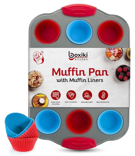 Boxiki Kitchen Teglia per Mini Muffin da 12 Cup Con Manici in Silicone e Involucri Riutilizzabili. Antiaderente Professionale per Cottura di Cupcake