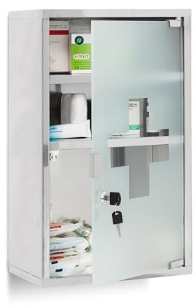 Relaxdays 10019093 Armoire à pharmacie étagère rangement médicaments 3 étages HxlxP : 50,5 x 30 x 18 cm porte en verre clés sécurité enfants Inox, argenté