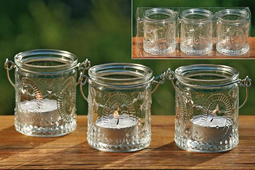Windlichter, Teelichthalter Country 3er-Set aus Glas zum Aufhängen, Ø ca. 6 cm