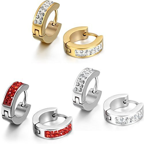 JewelryWe Bijoux 3 Paires 4mm Boucles d'oreilles Homme Femme Anneaux à Charnière Faux Diamant Bling Bling Acier Inoxydable pour Homme et Femme Couleur Argent Or Rouge Avec Sac Cadeau