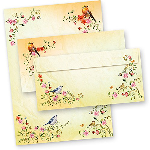 TOSKANA Briefpapier 25 Sets Briefset Blumen und Vögel | Hochwertiges Set mit Umschlag bunt A4 Frauen Erwachsene Ostern Briefbogen DIN lang 90 g/qm Offsetpapier bedruckt