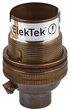 ElekTek Unswitched Lamp Holder B22 BC Bayonet Cap with Shade Ring 10mm/M10 x1 Threaded Bottom Entry - Made in UK - Antique Brass