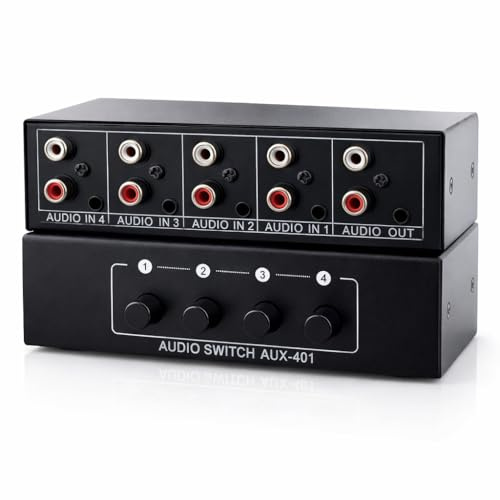 Audio RCA Umschaltbox Switch Controller, 1 2 3 4 Cinch Klinke AUX IN Eingang Buchse Kupplung weiblich, 1 Cinch Klinke AUX Out Ausgang Buchse Kupplung weiblich, Schwarz