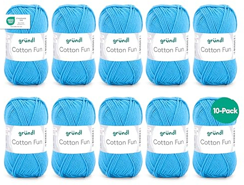Gründl Cotton Fun stickgarn/virkgarn (mjukt garn tillverkat av 100% bomull, OEKO-TEX certifierad, 50 g/115 m, nåltjocklek: 3–4, 10 nystan á 50 g), himmelsblå, 27,00 x 11,00 x 07,00 cm