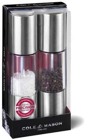 Cole & Mason H56390P Oslo Salz und Pfeffer Mühle, 2er Set Manuell, Keramikmahlwerk, Edelstahl/Acryl, 185mm, Geschenkset