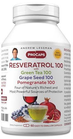 ANDREW LESSMAN Resveratrol-100 with Green Tea 100 Grape Seed 100 Pomegranate 100mg - 60 Capsules - Four Powerful, Protective Anti-oxidants.