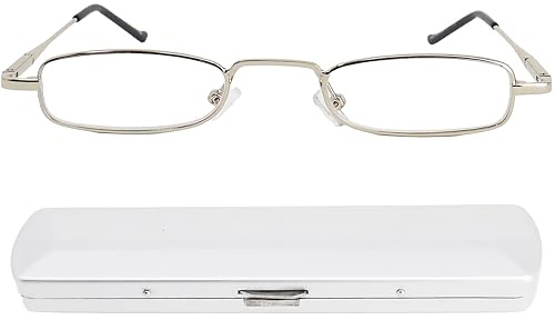 Mini Brille - Lunettes de Lecture Transparent en Métal, Monture en Acier Inoxydable (Argent), Boite Lunette Mince en Aluminium Inclus, Lunette Homme et Femme + 2.5 Dioptrie