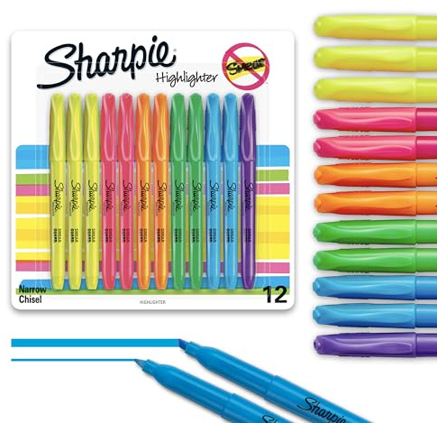 Sharpie Pocket Highlighters, Chisel Tip, Quick Dry, Assorted Fluorescent Colors, 12 Count - For Studying, Note-Taking, School, College, Office, Student & Teacher Supplies
