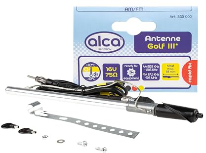 alca® Kotflügelantenne 75 Ohm für klaren Radioempfang in Golf 3 Modellen | Teleskopantenne ausziehbar bis 88 cm, Passgenauer Einbau im Karosserieblech, Für UKW / MW, Inklusive DIN Stecker, Kabelset