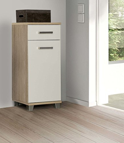 FORTE Veris Kommode mit 1 Tür und 1 Schublade, Holzwerkstoff, Sonoma Eiche / Weiß Hochglanz, 16,1 x 90,8 x 40,2 cm