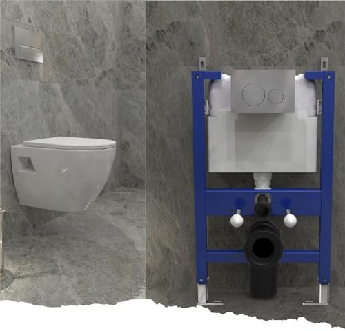 Biubiubath Modern Bathroom Round Ceramic Wall Hung Toilet UF Slim Soft Close Seat with 0.82M Low Height Concealed Cistern Frame & Round Sliver Flush Plate