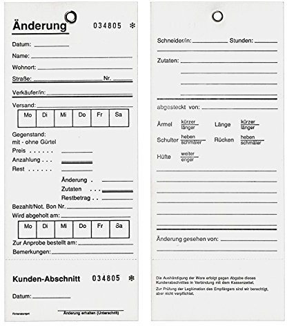 200 Änderungskarten - Arbeitsaufträge für den Bekleidungshandel Größe: 75 x 175 mm, beidseitig bedruckt mit Öse und Sicherheitsfäden, Kundenabschnitt, zweifach fortlaufend nummeriert