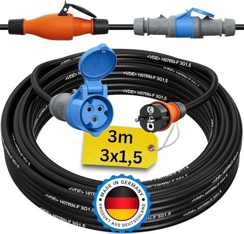 Schuko auf CEE Adapter 3m Camping Stromkabel H07RN-F 3x1,5 Landstromkabel Wohnmobil Wohnwagen Kabel Camping Adapter 3 Meter Strom Verlängerungskabel CEE-Stecker Campingstecker