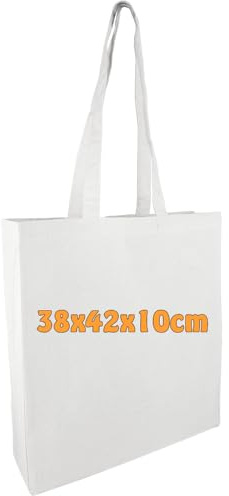 Bolsas de algodón yute, con pliegues laterales y en la base, dos asas largas, color blanco, 38 x 42 x 10 cm, 25 unidades