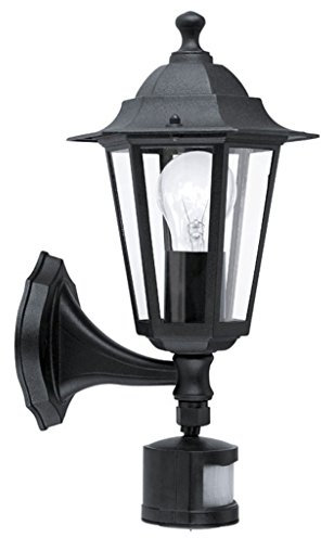 Eglo Lampe murale extérieure LATERNA 4, luminaire extérieur à flamme avec détecteur de mouvement, applique murale à capteur en fonte d'aluminium et verre, couleur : noir, douille : E27, IP44