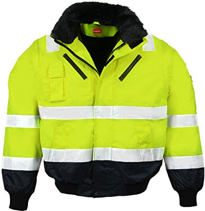 LeiKaTex Warnschutz-Pilotenjacke Winter gefüttert 4 in 1 Funktion mit Kapuze, Winddicht & Wasserabweisend für Herren und Damen (XXL, Neongelb/Marine)