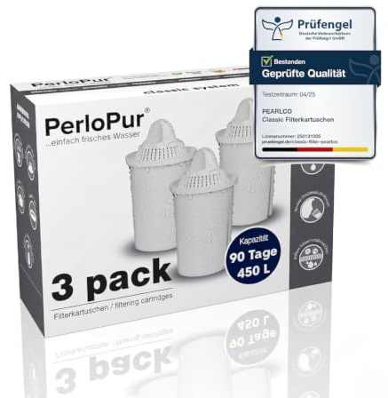 PearlCo – klassiskt paket 3 filterpatroner – passar i Brita Classic | Filtrerar kalk och föroreningar, förbättrar smaken. För normalt och medelhårt vatten. Kompatibel med Brita Classic