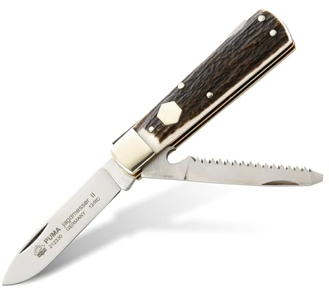 PUMA – Jagdtaschenmesser II - 76mm Klinge aus deutschem Stahl 1.4110 - Mit doppelgezahnter Knochensäge - Hirschhornschalen mit Gravurplatte - Handgefertigt in Solingen (Art.Nr.: 212330)