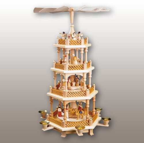 German christmas pyramid Nativity scene, 3-tier, height 54 cm / 21 inch, natural, original Erzgebirge by Richard Glaesser Seiffen