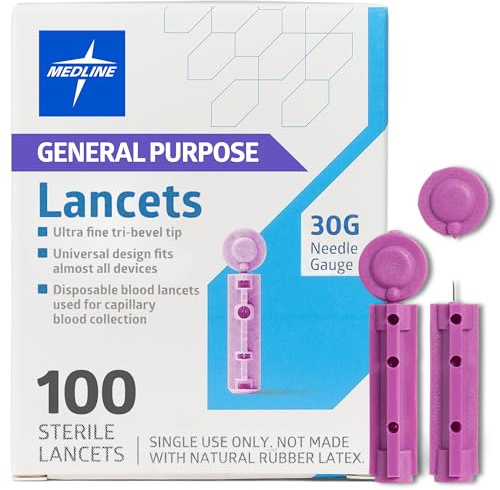 Medline General Purpose Lancets, 30G, Sterile Single Use Lancets for Diabetes Testing, Safety Lancets for Blood Sampling, Fingerstick Diabetic Lancets, 100 Count
