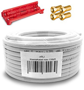 ARLI 50m Koaxialkabel – max. 135 dB 5-fach geschirmt UV-beständig + 4x F-Stecker vergoldet & Abisoliermesser für DVB-S DVB-T2 4K HDTV