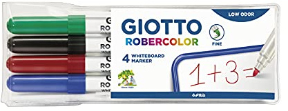 Giotto Robercolor - Confezione da 4 pennarelli per lavagna bianca, inchiostro a base d'acqua, colori base assortiti Punta fine