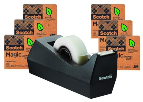 Scotch Magic Greener Tape con dispenser da tavolo C38, larghezza standard, progettato per rammendare, l'originale, 3/4 x 900 pollici, scatola, 6 rotoli, 1 dispenser (812-6PC38)