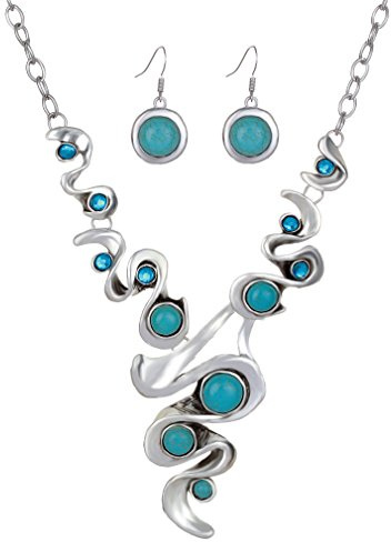 YAZILIND Hohl Tibetischen Silber Grün Rimous ovale Türkis-Schellfisch -Kragen Ohrringe Halskette Schmuck-Set Frauen (Zeichen, Formen & Symbole)