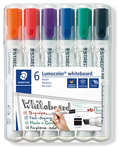 Staedtler Lumocolor 351 B WP6 Whiteboard-Marker (Keilspitze ca. 2 oder 5 mm Linienbreite, Set mit 6 Markern, hohe Qualität, trocken und rückstandsfrei abwischbar von Whiteboards)
