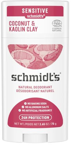 SCHMIDT'S Déodorant Stick Peaux Sensibles Kaolin et Noix de Coco, 100% d'Origne Naturelle, Efficacité 24h, 58 ml, 75 g