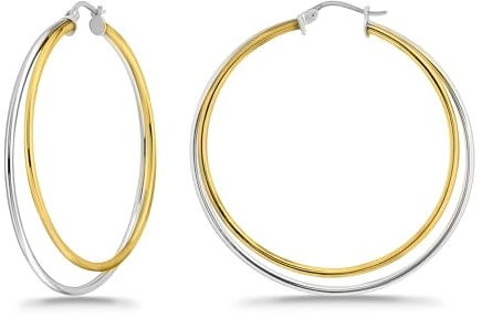 Sterling Silver Two-Tone Double Row Large 48mm Round Hoop Earrings
