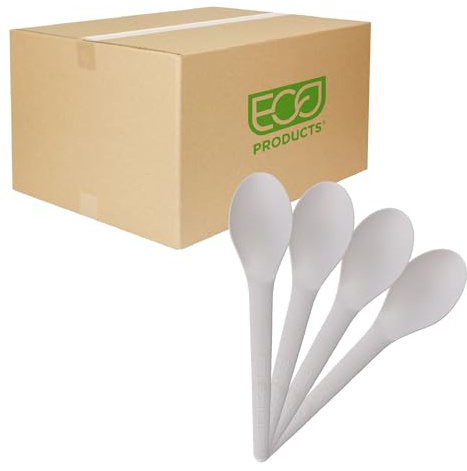 Eco-Products Compostable CPLA 6 Plastic Spoons, Case of 1000, Disposable White Spoon, Plantware Cutlery, Renewable Material Made from Plants, Sturdy and Strong, BPI-Certified