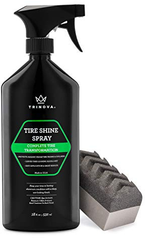 Trinova 33511 Tire Shine Spray No Wipe - Automotive Clear Coat Dressing for Wet & Slick Finish - Keeps Tires Black - with Rubber Protector - Prevents Fading & Yellowing - 18 OZ