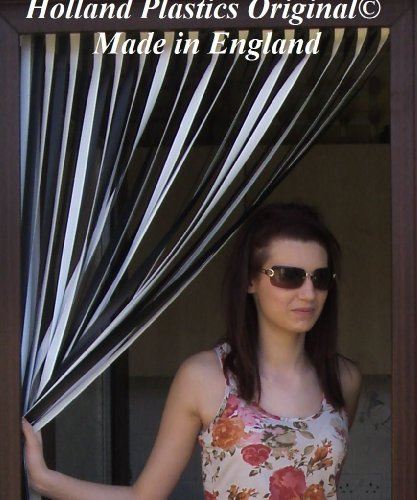Slat type Door Curtain/Fly Blind- With pair of screw in hooks for wooden frames (BLACK/WHITE) 80cm wide x 200cm drop