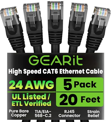 GEARit Cat6 Patch Cables Cat 6 Ethernet Cable 20 ft 5-Pack Black